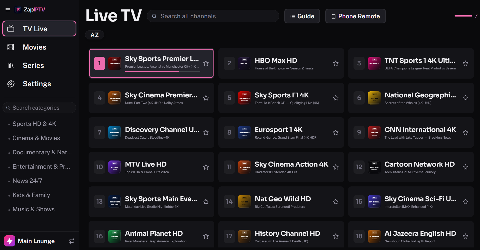 Zap IPTV Live TV Interface on Samsung Smart TV